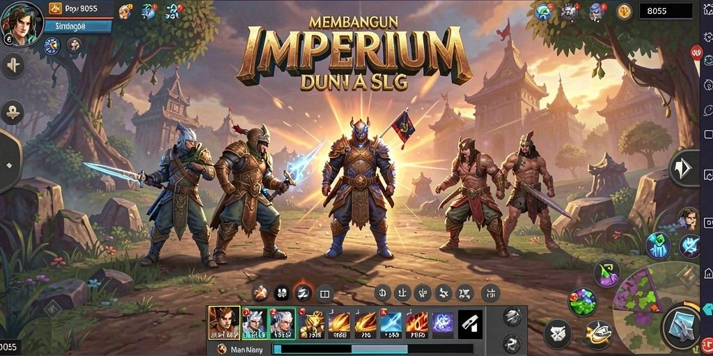 Screenshot bermain 8055 menunjukkan strategi membangun dan bertempur.