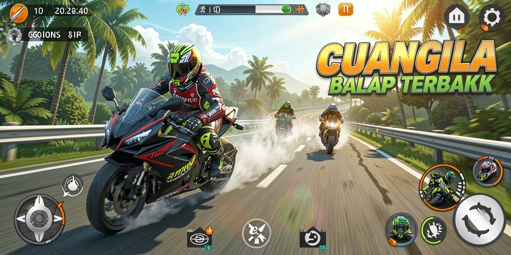 Screenshot CUANGILA menampilkan aksi balap motor yang mendebarkan.