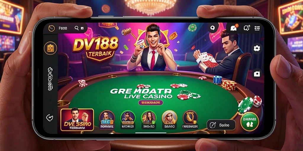 Screenshot utama DV188 menampilkan dealer langsung di meja permainan.
