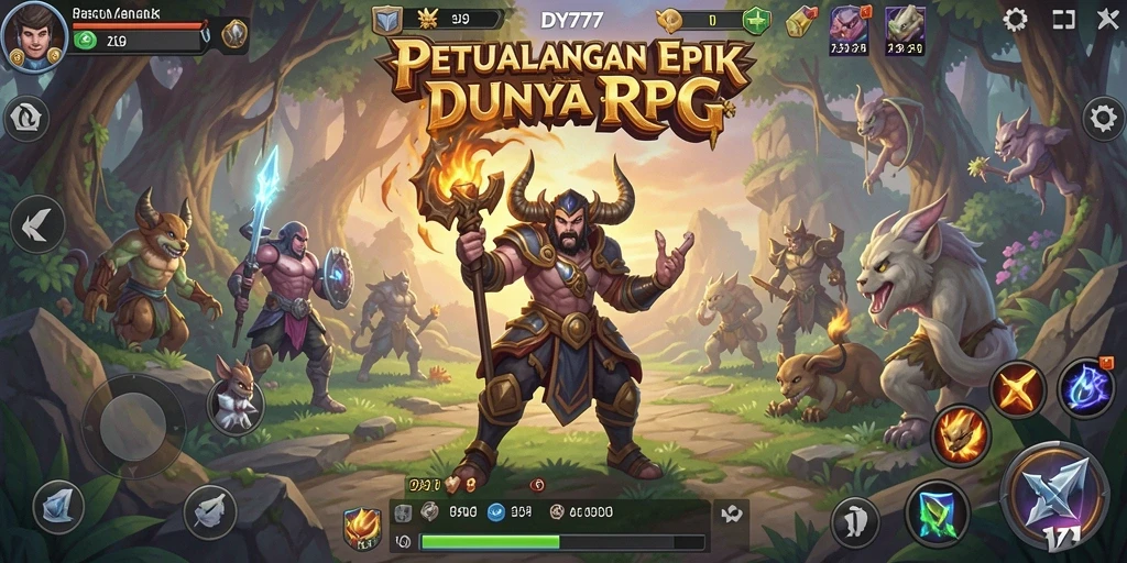 Screenshot utama DY777 menunjukkan aksi pertarungan yang intens dalam dunia RPG.