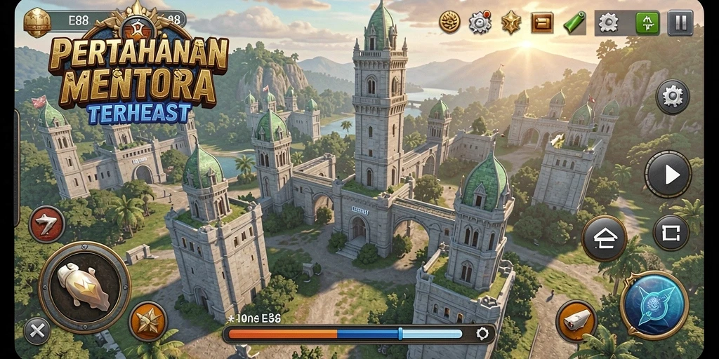 Screenshot gameplay E88 menampilkan serangan menara yang menawan dalam permainan Tower Defense.