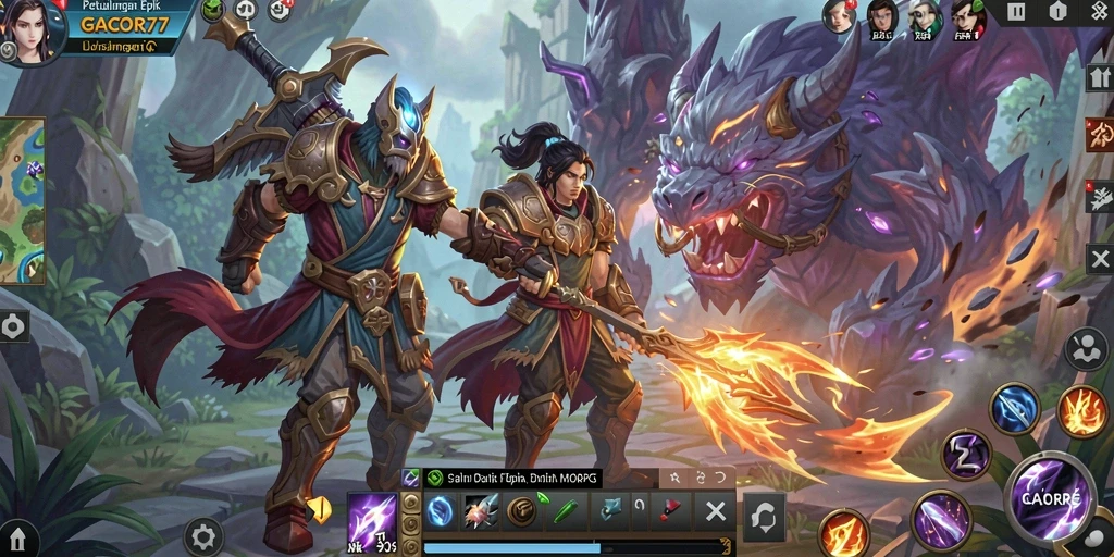 Tampilan gameplay GACOR77 menunjukkan pertempuran epik dalam dunia MMORPG.