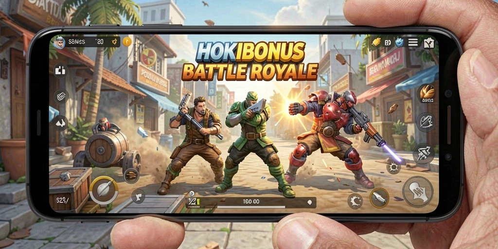 Screenshot HOKIBONUS menampilkan aksi pertempuran intens Battle Royale.