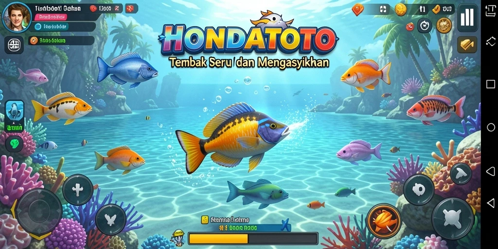 Gameplay HONDATOTO dengan berbagai tipe ikan yang menarik.