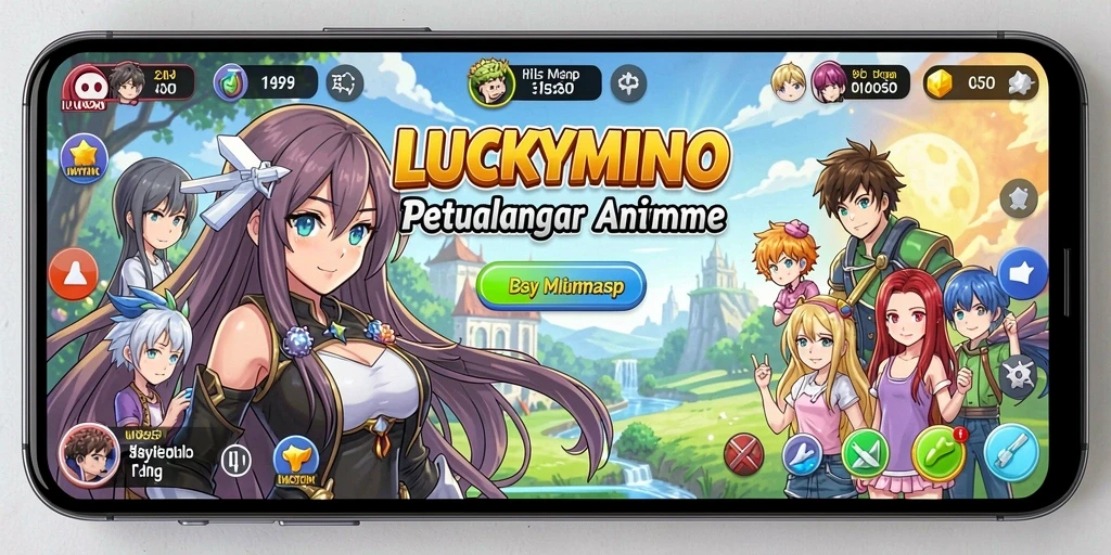 Tampilan gameplay LUCKYMINO dengan karakter unik dan grafis menawan.