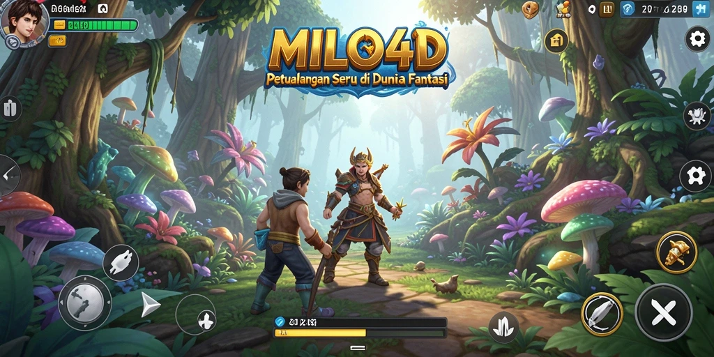 Tampilan gameplay dinamis di dunia petualangan penuh warna.