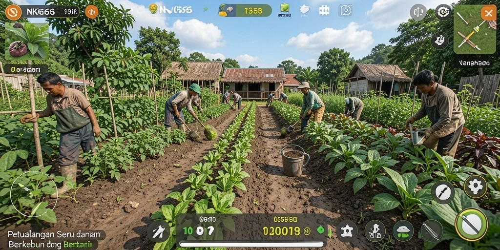 Tampilan gameplay NK666 dengan kebun yang subur dan tanaman berwarna-warni.