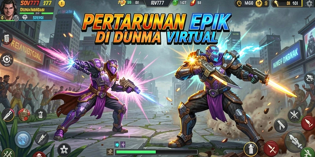 Tampilan gameplay <strong>SOV777</strong> dengan karakter bertarung di arena yang mendebarkan.