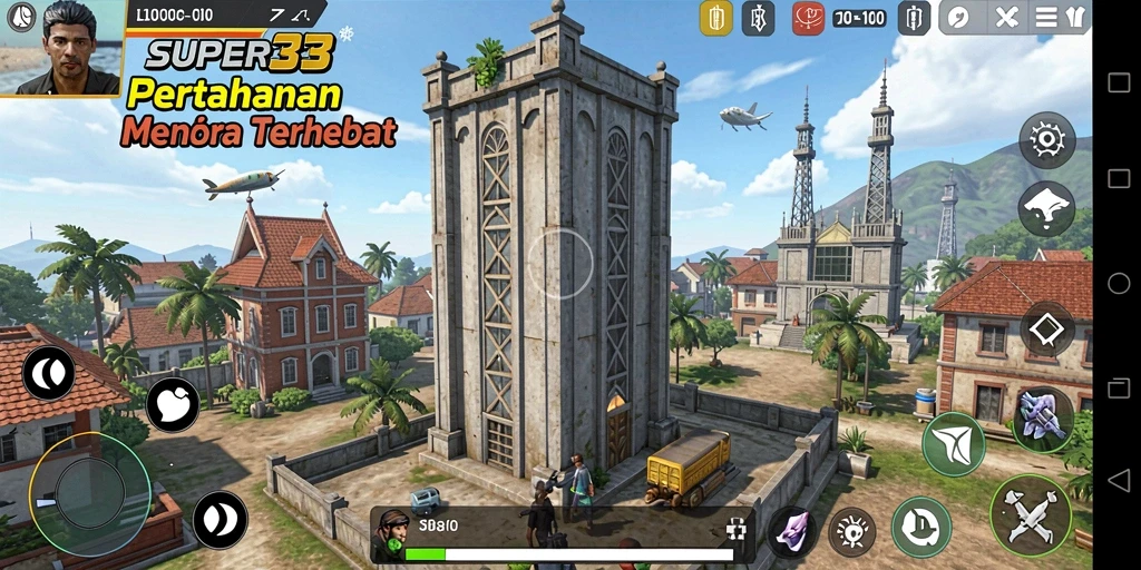 Tampilan gameplay SUPER33 dengan menara yang dibangun melawan gelombang musuh.