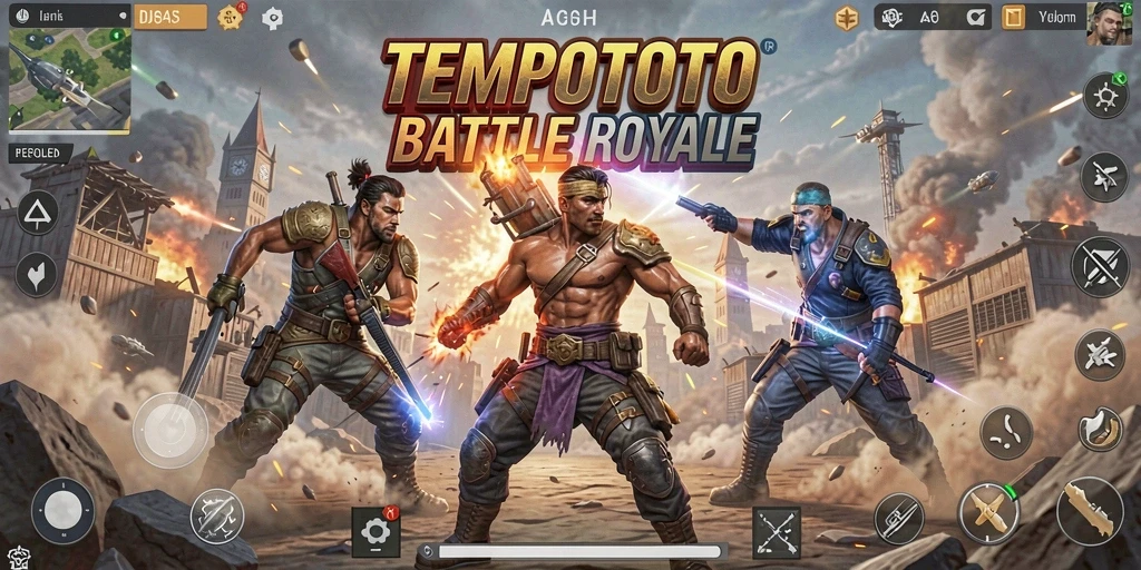 Gambaran aksi mendebarkan di TEMPOTOTO dalam pertempuran Battle Royale.