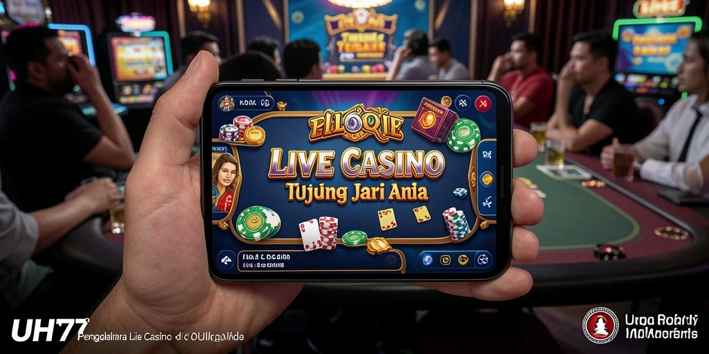Screenshot UH77 menampilkan dealer langsung dalam permainan kasino.