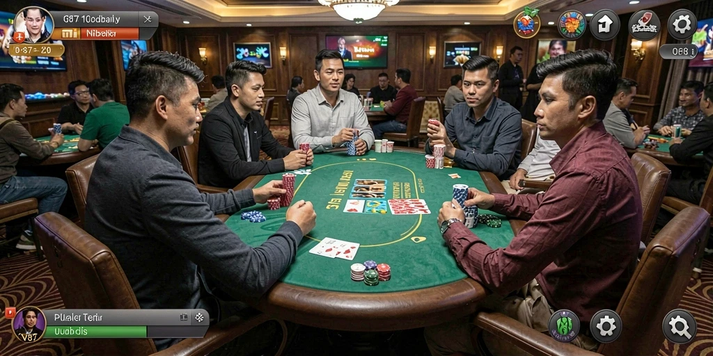 Tampilan gameplay Poker yang seru dan menantang di V87.
