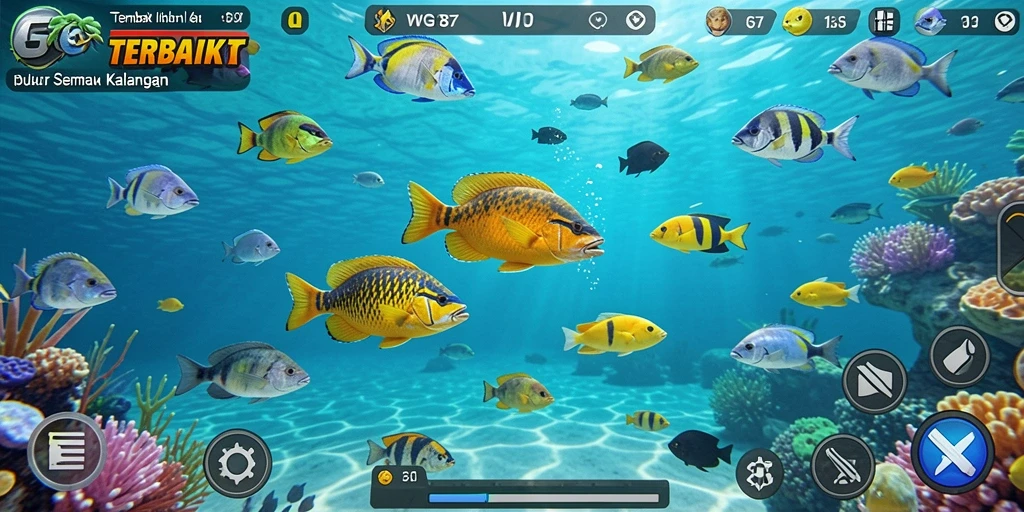 Tampilan gameplay seru dari WG87 dengan berbagai jenis ikan yang menunggu untuk ditembak.